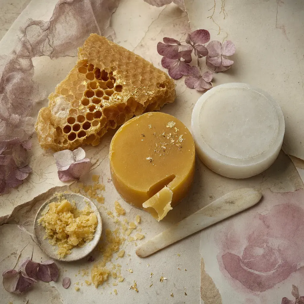 A broken slab of honeycomb, its six-sided cells open along the fracture, beside two round cakes of wax: one deep yellow and translucent at its edge, one an even opaque off-white, a thin curl pared from the yellow one.