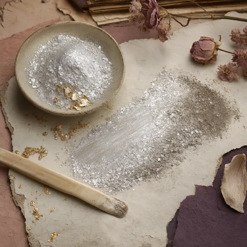 A heap of dense silver-white powder flashing like ground pearl where its flat crystals catch the light, drawn out beside it into a smear whose far end has dulled to brown-grey.