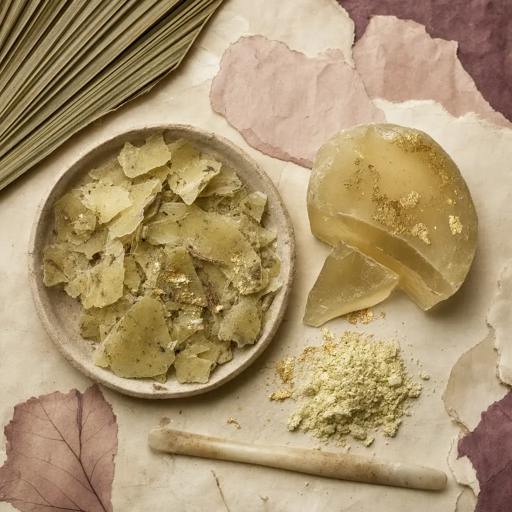 Curled brittle flakes of pale yellow-green palm wax with scraps of leaf fibre still in them, beside a hard translucent lump of the filtered wax snapped open to show a sharp glassy break.