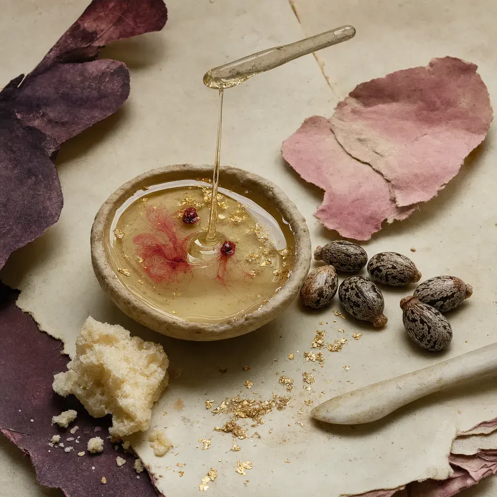 Thick faintly yellow oil in a slow pool, a rod lifting one long unbroken thread from it, two grains of dark red dye bleeding scarlet through it; mottled marbled seeds and a crumb of dry pressing residue lie beside.