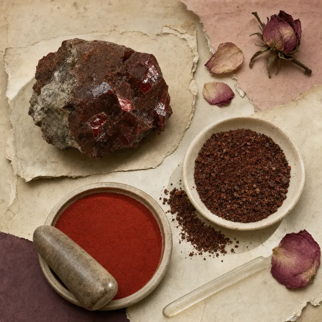 A heavy lump of dull brownish-red ore with grey rock clinging along one side and bright scarlet faces where it has split, beside a coarse brown-red grind of it and a heap of fine, intensely scarlet powder.