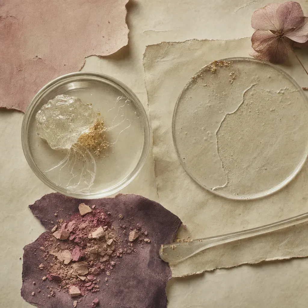 A clear colourless liquid with a stiff lump of clear silicone gum slackening into it, threads trailing away; beside it a glass plate carrying a wide, faintly tacky, entirely clear dried film.