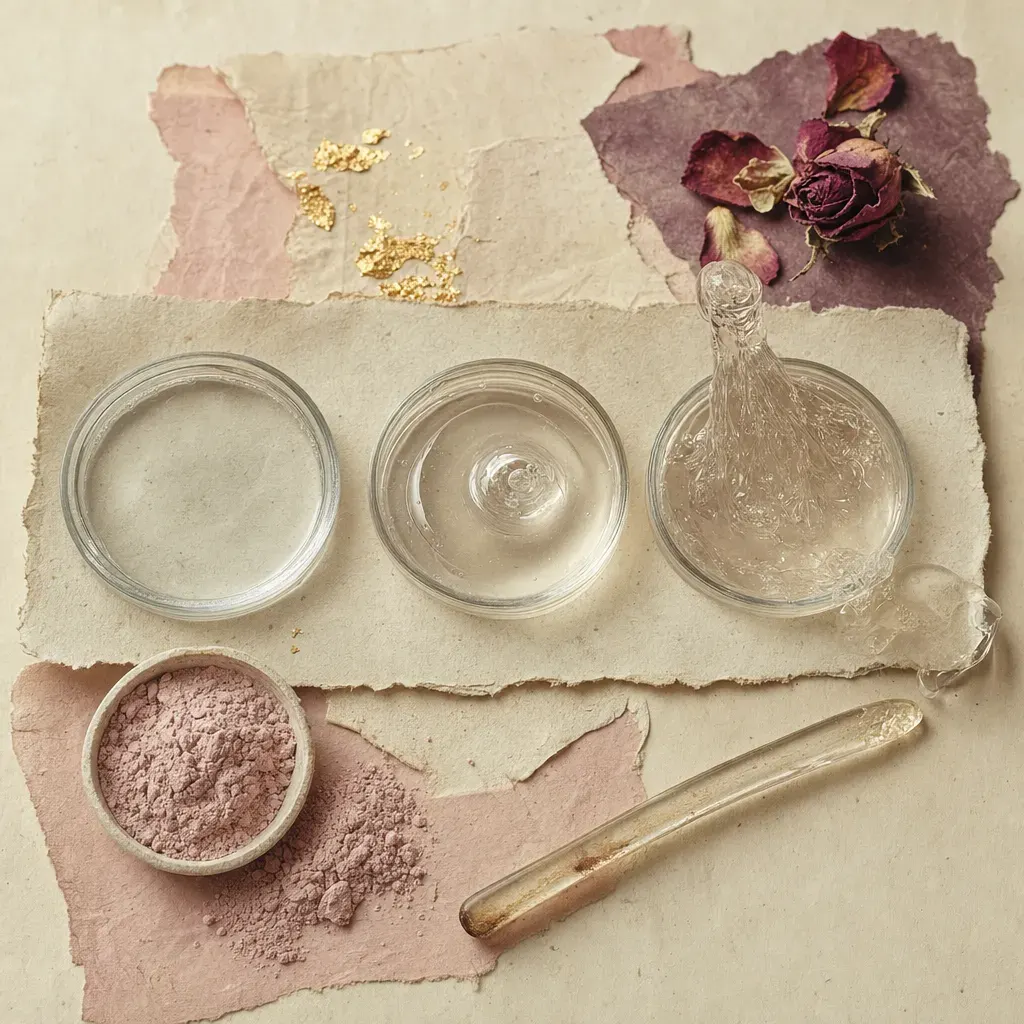 Three samples of one clear, colourless silicone fluid: one lying flat to the rim of its dish, one mounded with a shallow crater closing in its top, one a tacky gum sagging in a long column.