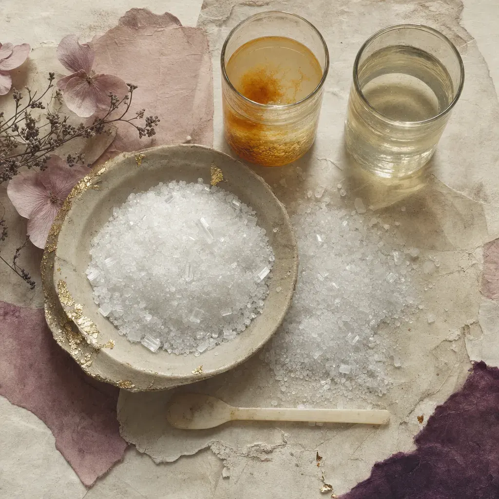 A heap of fine white crystalline granules, dry and sugar-like, a few larger prisms among them; behind it two glasses of water, one clouded with a rust-orange sediment, one clear and faintly straw-coloured.