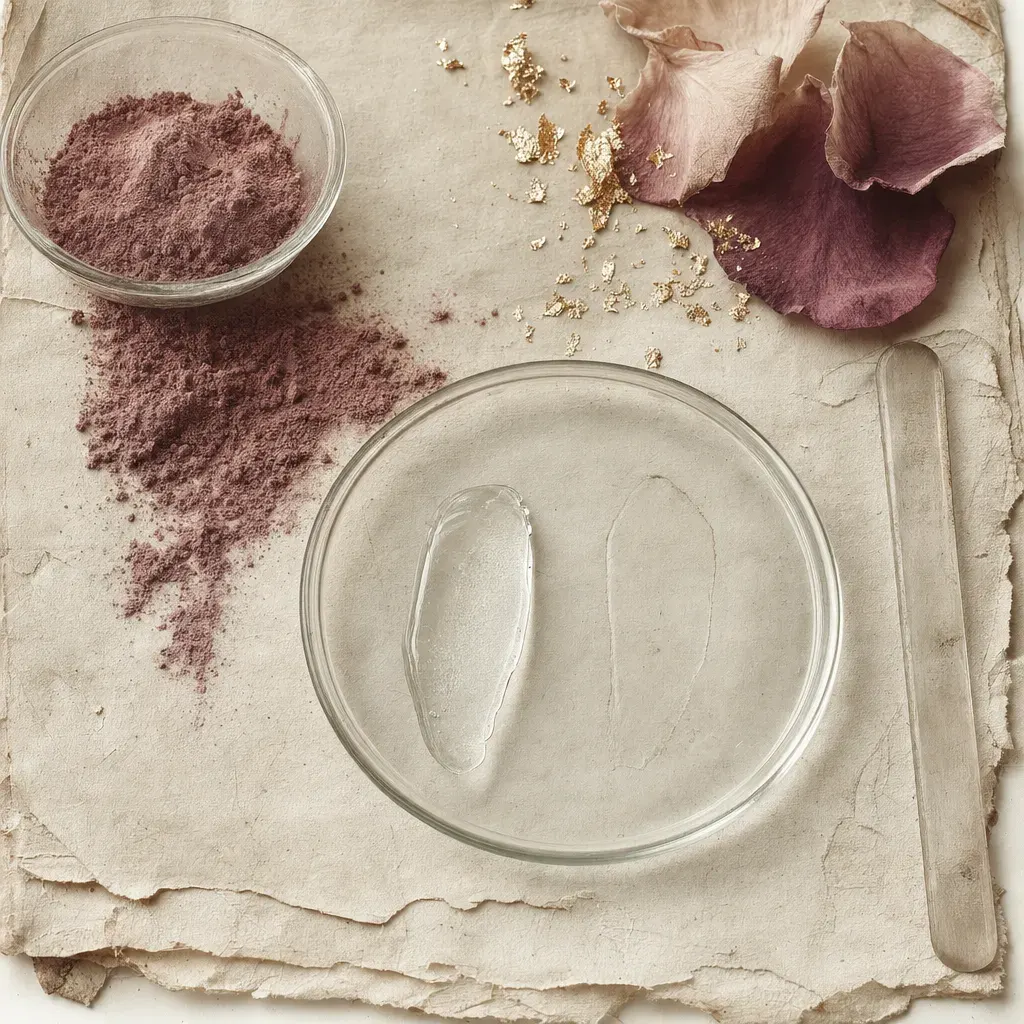 A colourless syrup falling in one slow unbroken thread into the pool below; on a glass plate two strokes side by side, one dried to a faint outline, the other still spread flat and visibly wet.