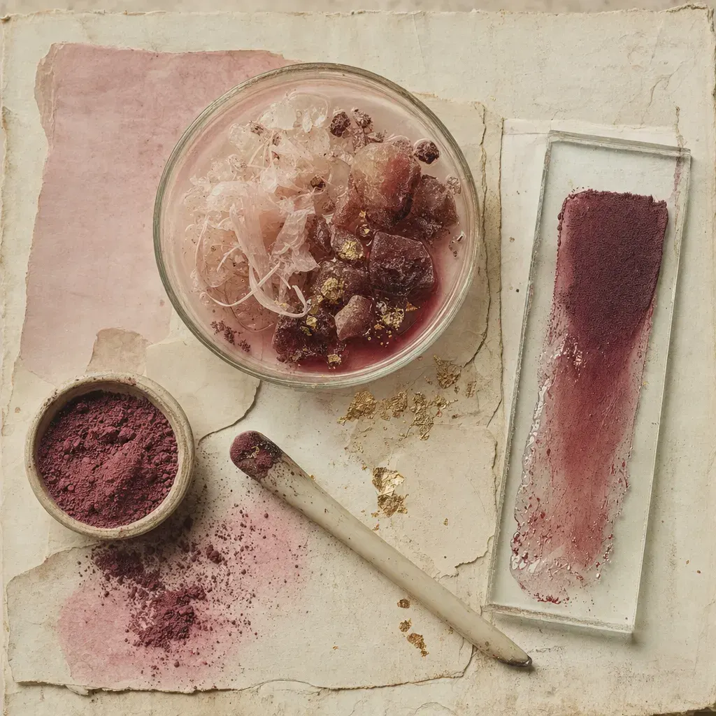 A thin colourless liquid with wax shavings and pale resin lumps half dissolved in it, and one stroke of the resulting dark red fluid across a glass plate, glossy at one end and flat matte at the other.