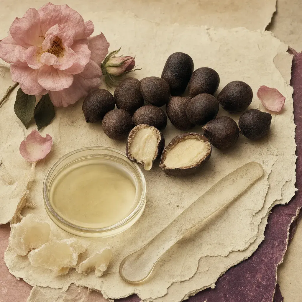 Hard dark-brown seeds the size of small acorns, two split wide to show a pale dense kernel, beside a shallow pool of the clear pale straw-yellow liquid pressed from them.