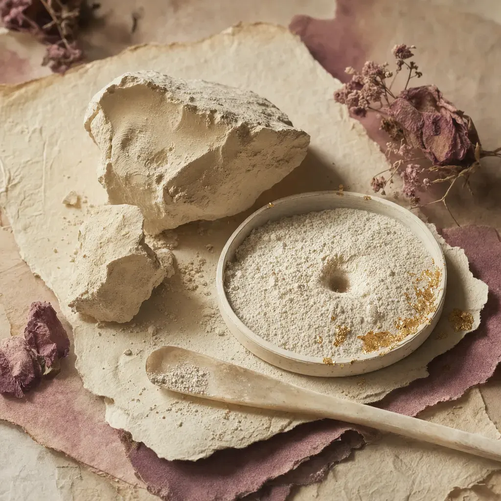 A broken lump of damp clay, its fracture faces creamy, beside a heap of bone-white floury powder, with a single drop of oil sunk into the powder as a small dark crater rather than a bead on its surface.