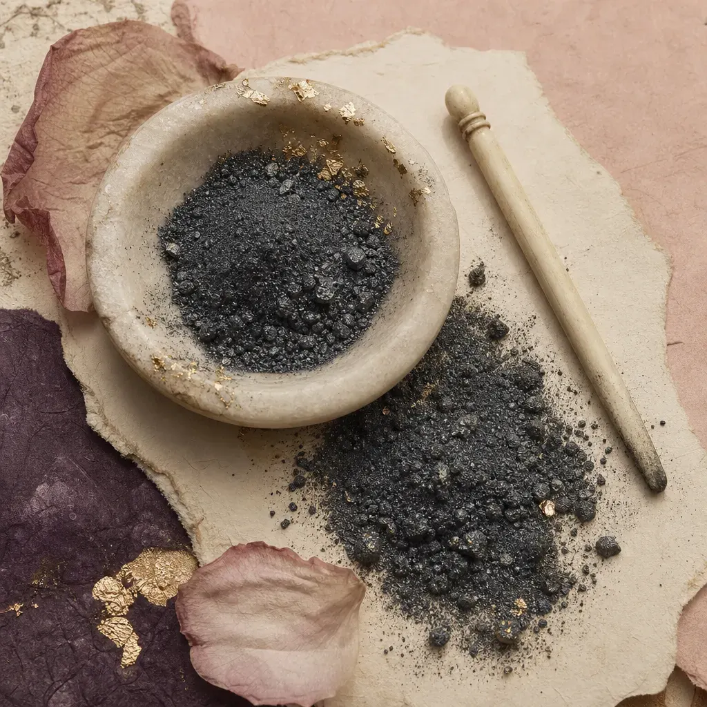 Loose dark grey galena powder in a shallow alabaster dish, spilled across parchment beside an antique bone applicator, with flakes of gold leaf caught in the pigment.