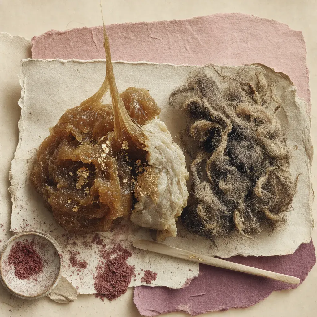 A mass of thick deep-amber wool grease, tacky enough to draw into a long sagging strand, one side of it stiff, dull and near-white; beside it a matted lock of fleece, its fibre tips gummed together.