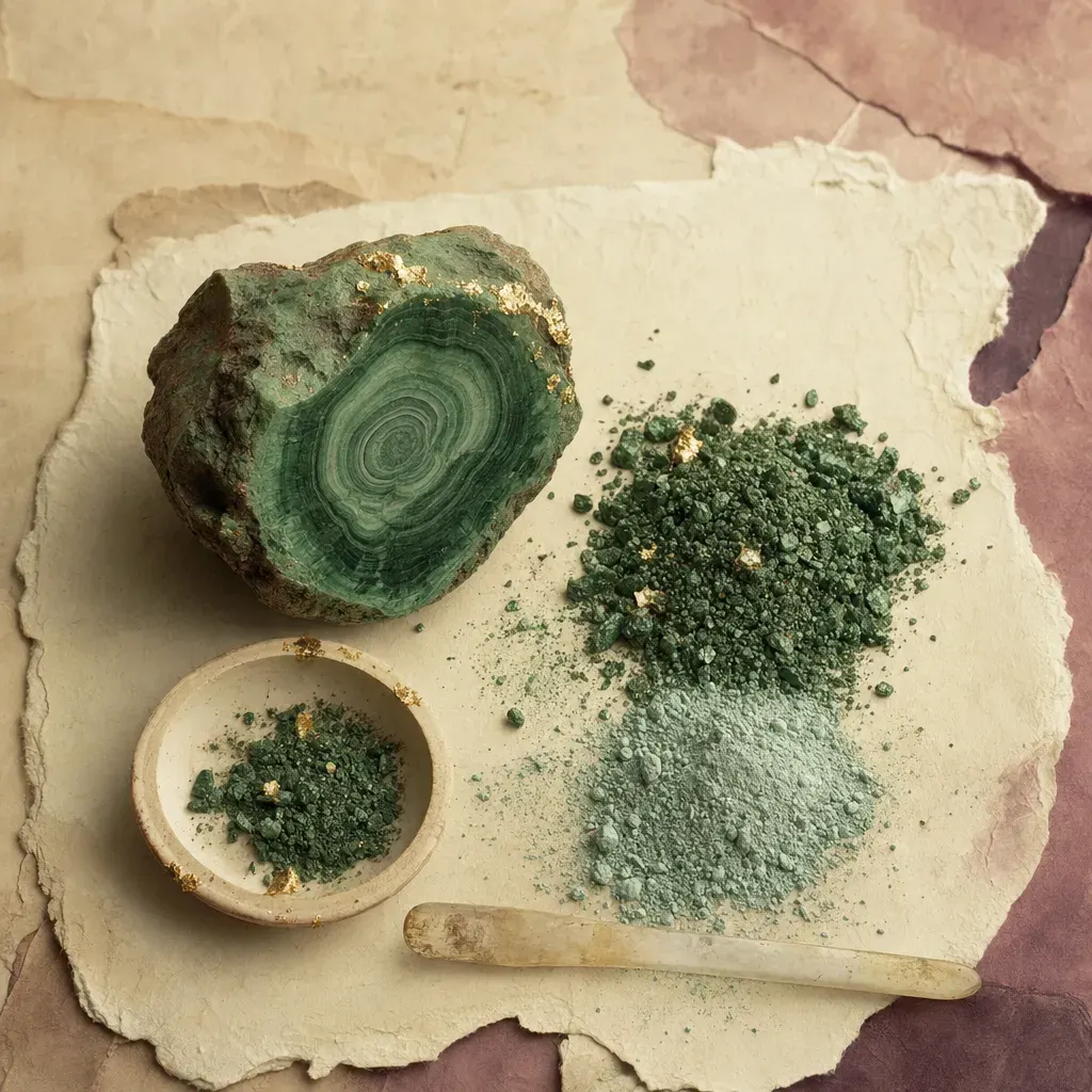 A broken lump of copper ore, its cut face banded in rings of light and dark green, beside two heaps ground from that same stone: one coarse, gritty and deep green, one fine, pale and chalky.