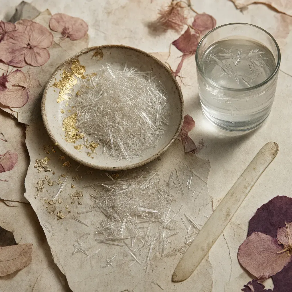 Fine colourless needle-shaped crystals heaped and glinting, some fused into small mats, with a few of them lying undissolved on the surface of water in a small glass.