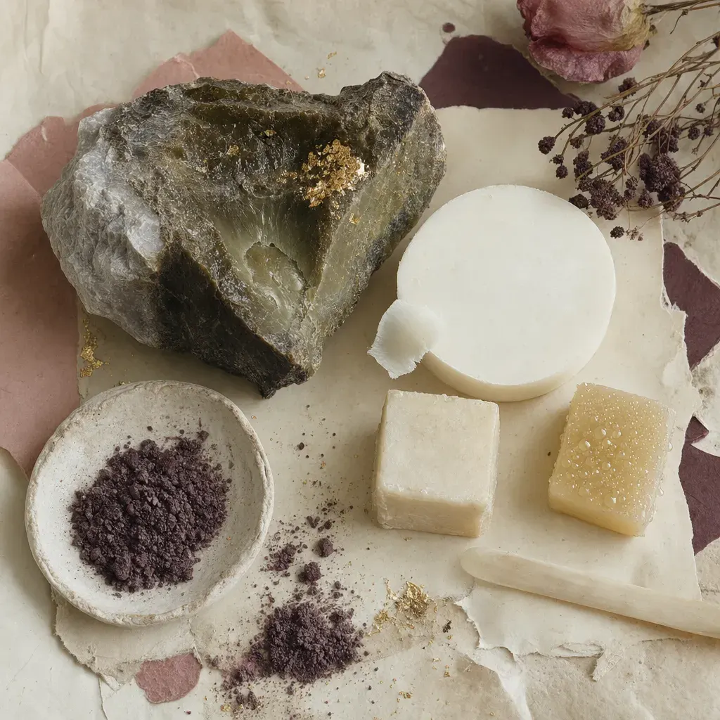 A dark greenish-brown waxy lump with grey rock bedded into one face, broken to a soft greasy surface holding a thumbnail mark; beside it a hard matte white cake, and two small blocks, one dry, one beaded with oil.