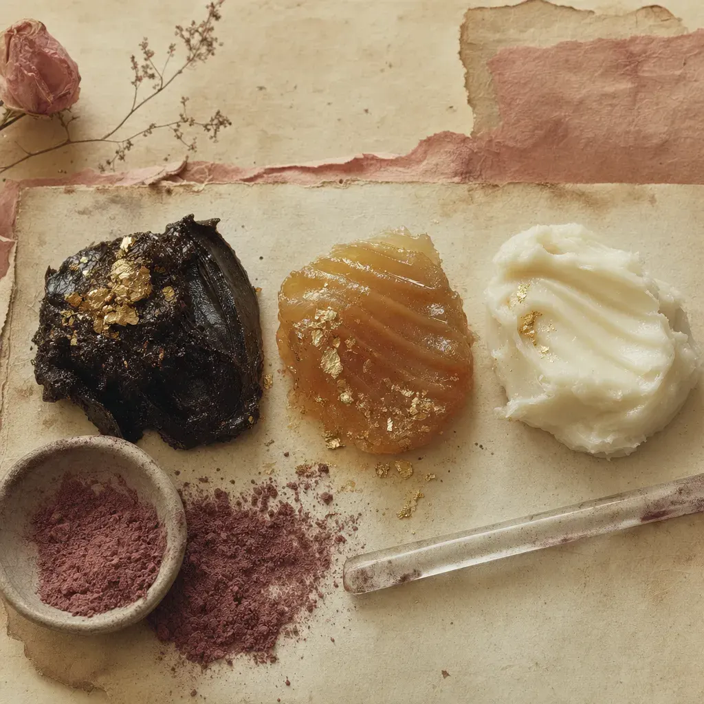Three masses of one greasy semi-solid, darkest first: a near-black tarry one barely moving, a translucent amber jelly ridged in parallel furrows, and a near-white one worked into soft peaks.
