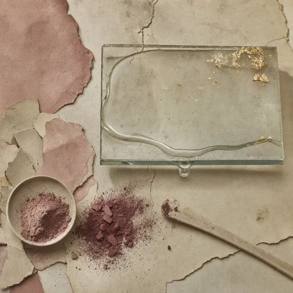 A shallow pool of colourless oily liquid on a flat glass slab, spread low and wide instead of beading, a thin drained film above it and one heavy drop hanging at the lower edge.