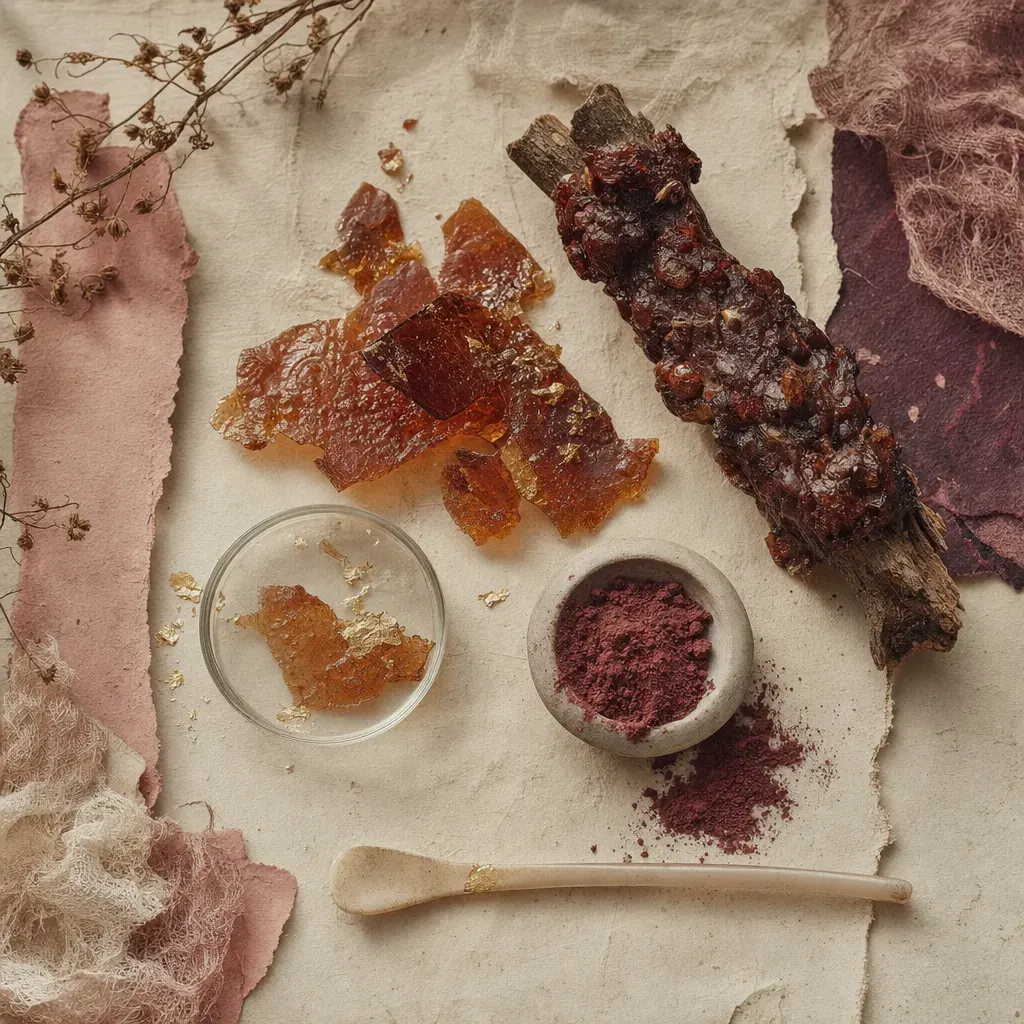 A twig thickly crusted in lumpy dark red-brown resin with insect bodies set into it, beside thin brittle sheets of the same resin refined to clear warm orange, and a hard dried film of it on glass.