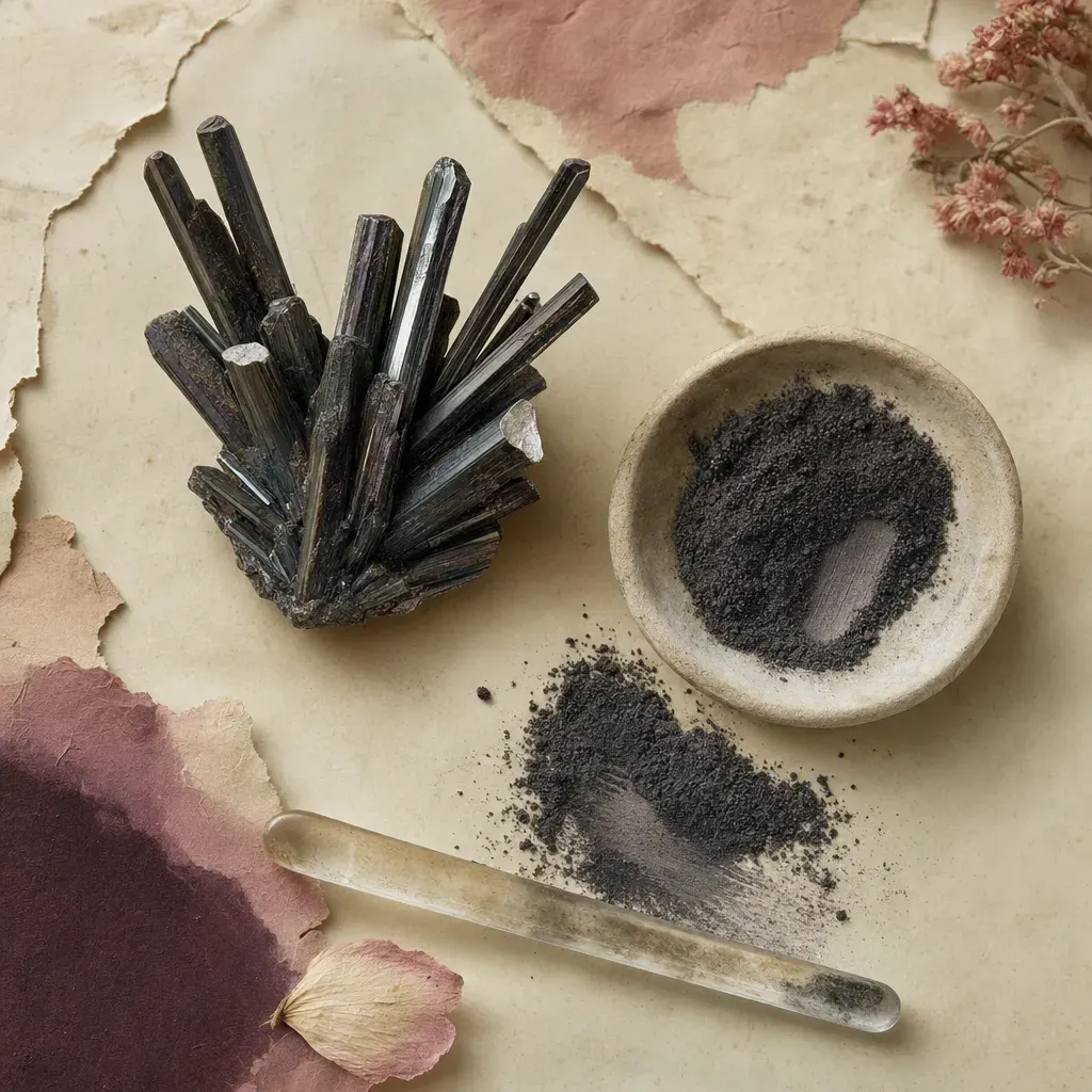 A radiating cluster of long slender grey metallic prisms, some tarnished dull blue-black, one snapped to a silvery break; beside it fine black-grey powder and a soft grey mark drawn across the surface.