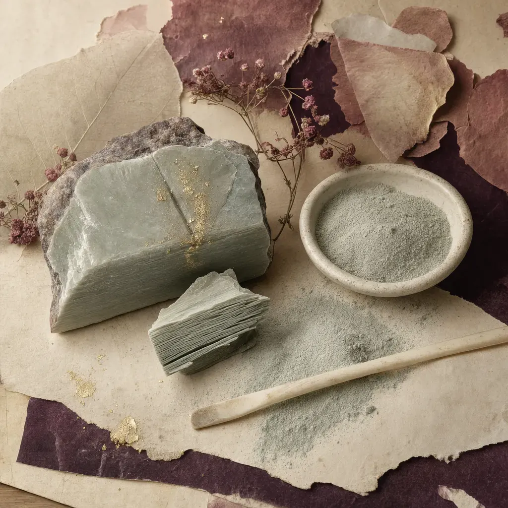 A pale grey-green block of soft rock with a soapy sheen, a groove scored down its face and darker rock on one edge; a flake showing fine parallel layers edge-on; and white powder lying almost level beside them.