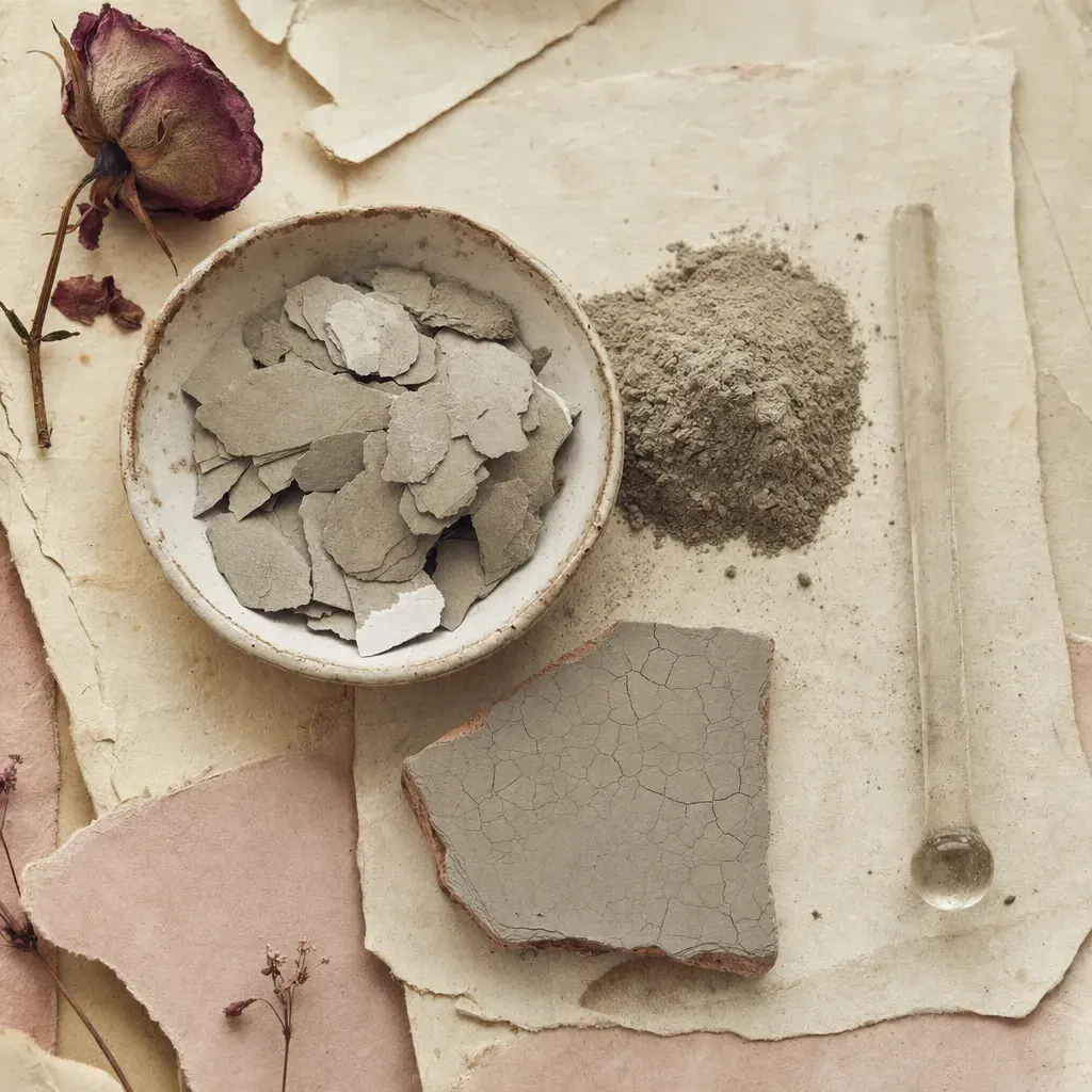 A stack of thin brittle chalky flakes, one snapped to a clean white edge, a mound of the same ground to a heavy flat powder, and a stiff white paste brushed over a broken tile, already crazed with fine cracks.