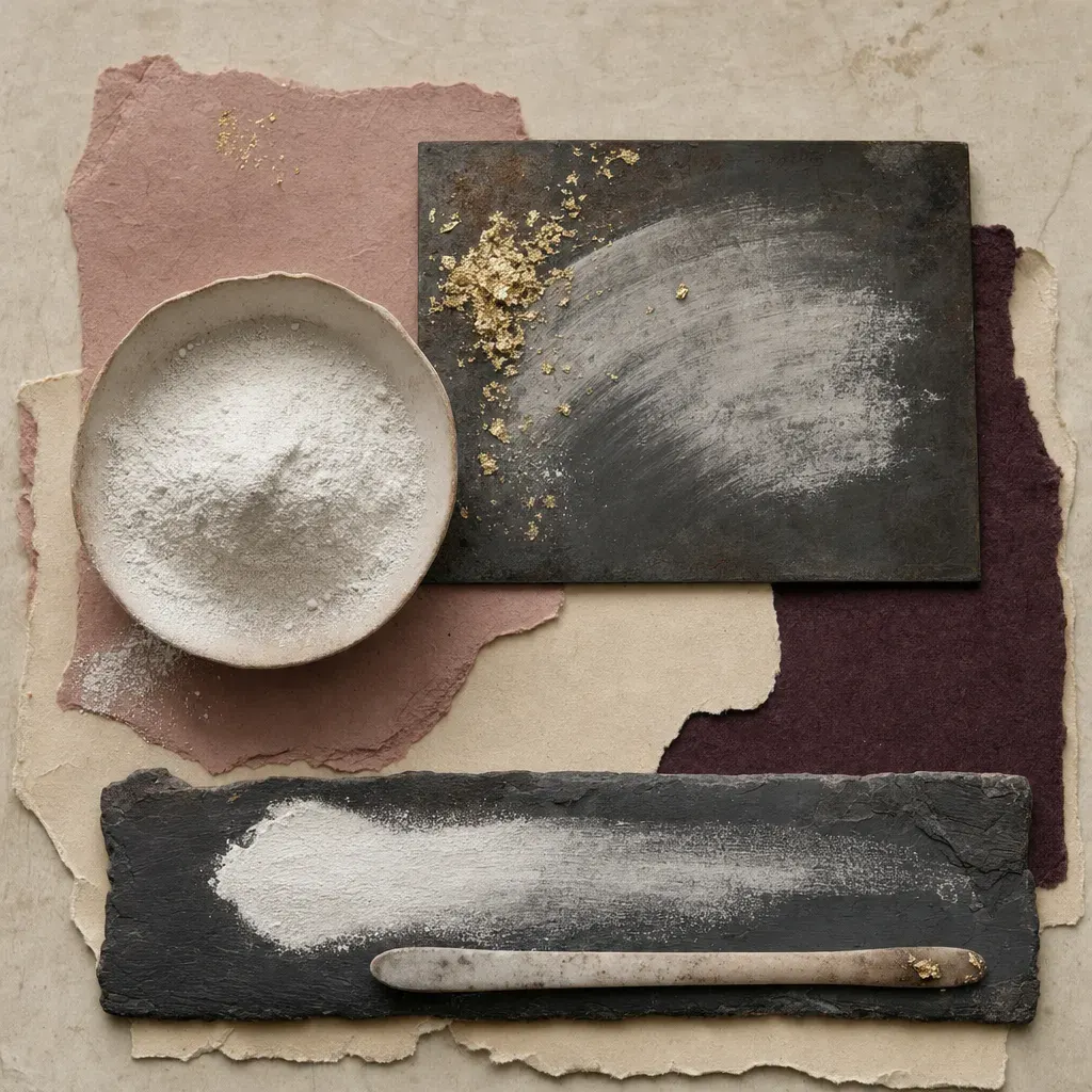An extremely fine white powder in a low slumped heap before a sooted iron plate carrying a pale condensed film and a swept track, with one smear drawn across dark slate thinning until the stone shows through.