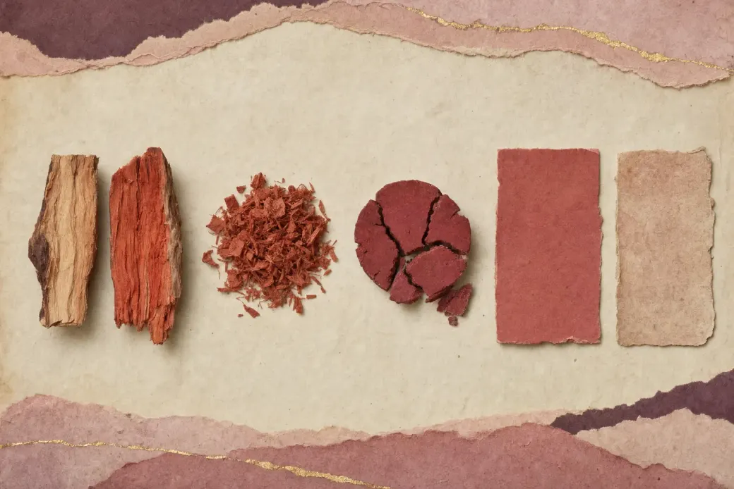 A split log with a pale honey-coloured fresh face and an older face gone orange-red, a heap of wood raspings, a cracked deep-cherry cake of pigment, and two sheets of red paper, one strong, one pale and browned.