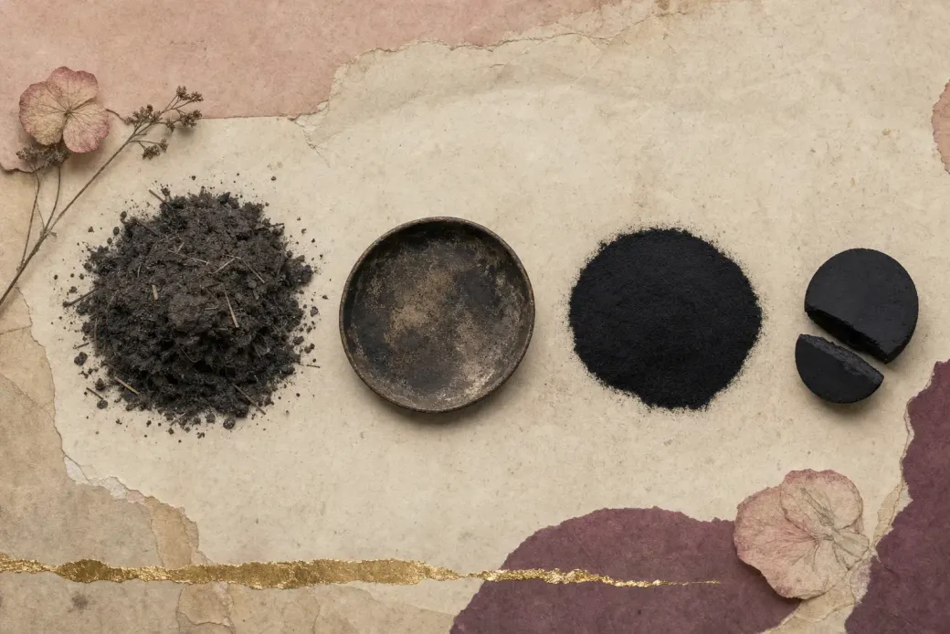 A light uneven heap of dull greyish-black soot with plant fibre and grit in it, and a metal plate blackened on one side; then a far deeper, denser black powder lying perfectly level, and one pellet of it broken open.