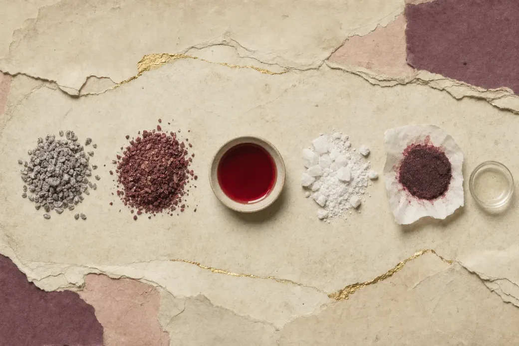Shrivelled silvery-grey insects, the same crushed to a crimson meal, a dish of clear deep-red liquid, a white powder, and a dense crimson cake on filter paper beside a dish of almost colourless spent liquid.