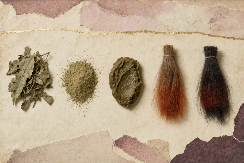 Brittle grey-green leaves, the same milled to a khaki powder and mixed into a thick olive-brown paste, and two hanks of hair: a light brown one stained clear red-orange, a near-black one only faintly warmed.