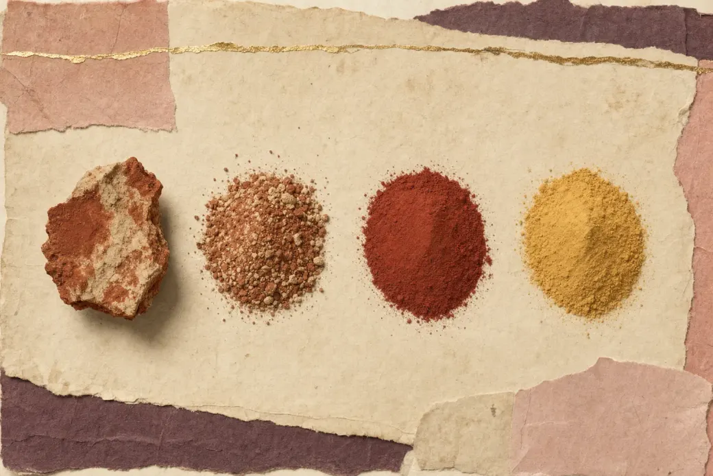 A broken lump of gritty red earth with its colour streaked through paler clay, and a coarse mottled grind beside it, set against two heaps of manufactured powder, each one flat even tone throughout.