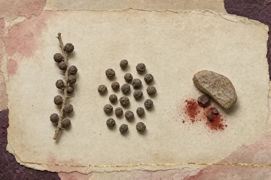 A spiny oak twig set with hard rounded grey-brown bodies the size of peas, looking exactly like dried berries, a loose scatter of the same, and two crushed under a stone to a warm scarlet powder.