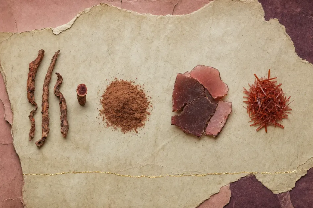 Thin twisted reddish-brown roots, one piece stood upright to show a deeper red core, beside the dull brick powder ground from them, a broken cake of pink-to-brown-red pigment, and a heap of hard orange-red needles.