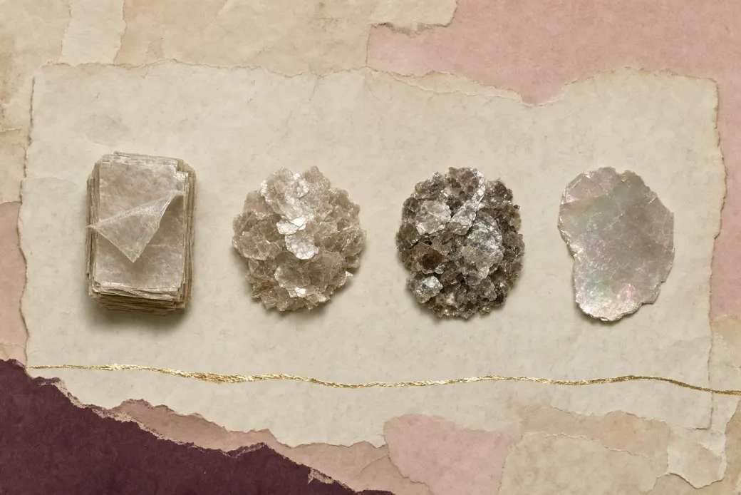 A stack of thin mineral leaves, one peeled back far enough to see through; a fine pale powder with a low even sheen; a coarser one glittering in separate points; and a silver-white powder over which colour shifts.