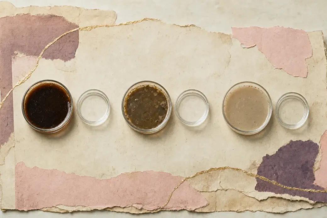 Six shallow dishes seen from above in three pairs: dark brown oil, cloudy olive-brown liquid and flat beige broth, each next to a dish of clear colourless liquid, the three clear ones alike.