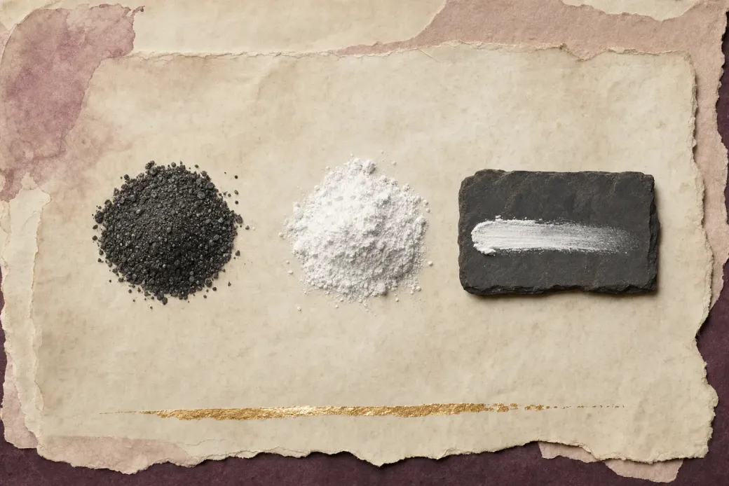 A heap of coarse dark grey-black sand beside a heap of intense chalk-white powder, and one thin stroke of that white across dark slate, covering it and thinning to a grey haze where it runs out.