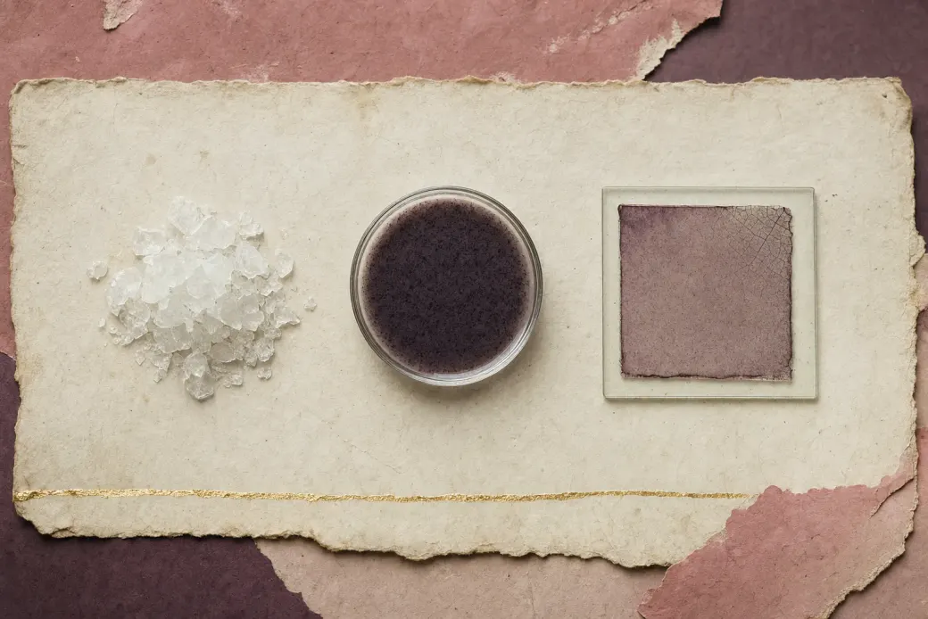 Three conditions of one resin: hard glassy chips, clear to milky white; the same material dissolved to a thin dark pigmented liquid; and a square of it dried on glass to a taut colourless film with pigment locked inside.