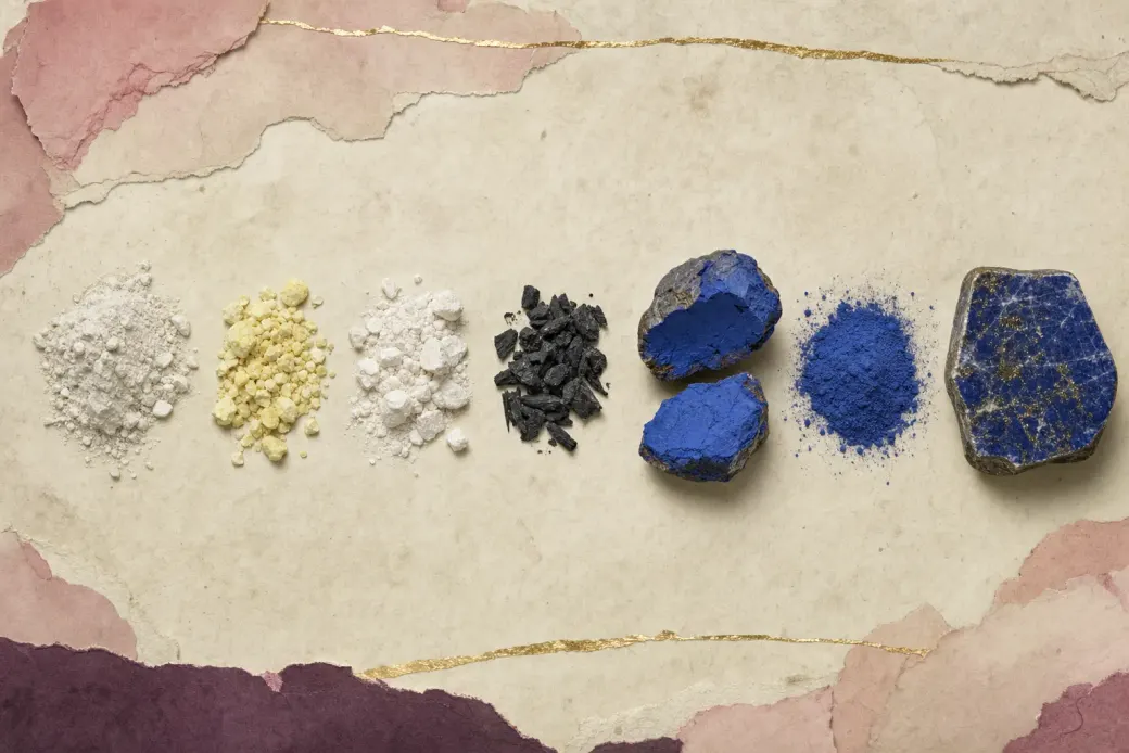 Four dull powders in a row, white clay, yellow sulphur, white soda ash and black charcoal, then the fired lump broken open to an intense blue and ground fine, and last a cut face of lapis lazuli.