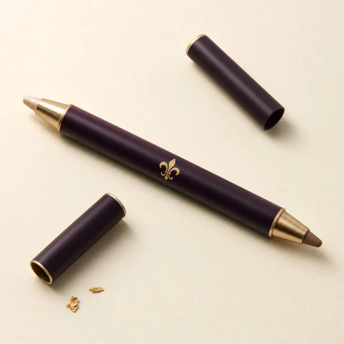 A slim dual-ended pencil with a champagne shimmer end and a taupe end.