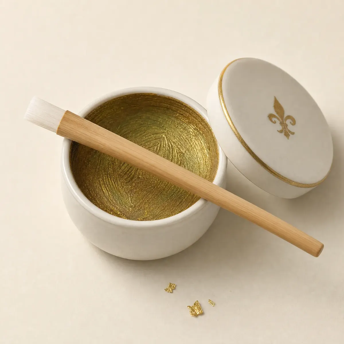 A small porcelain cup lined with iridescent green safflower beni, a lip brush across its rim.