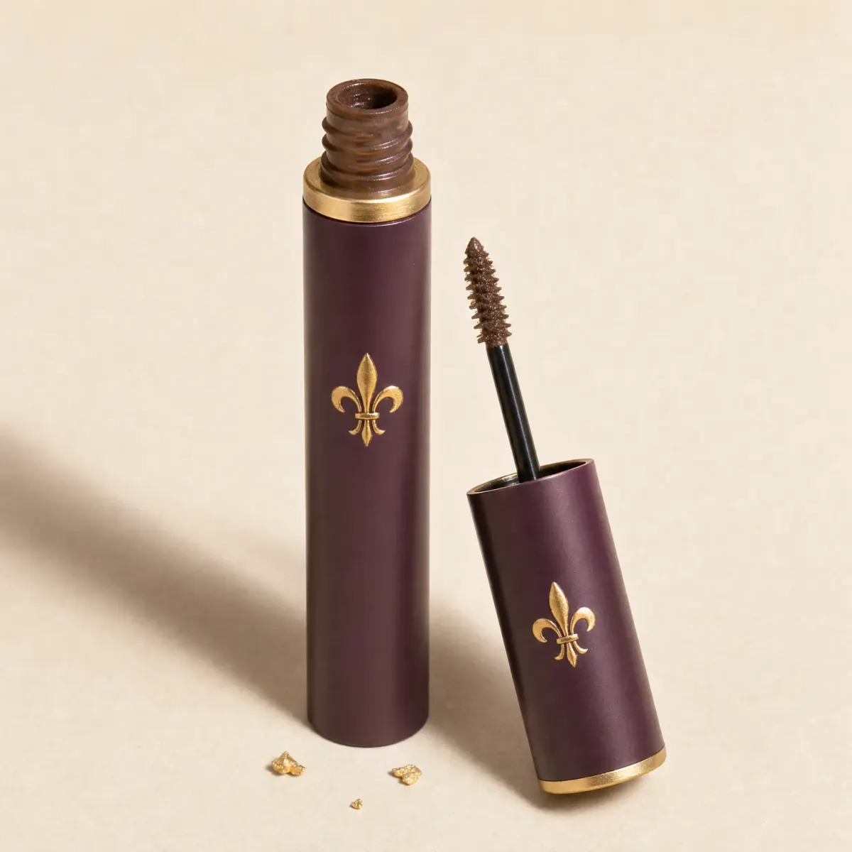 A slim tube of brown brow gel with its tiny wand beside it.