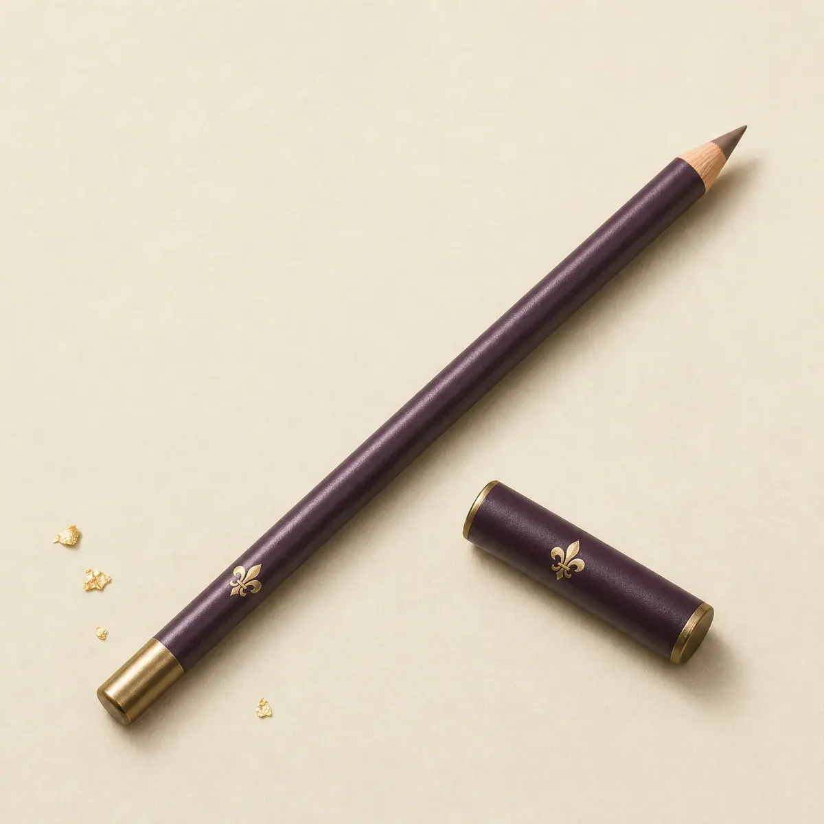 A slim wooden brow pencil sharpened to a fine taupe-brown point.