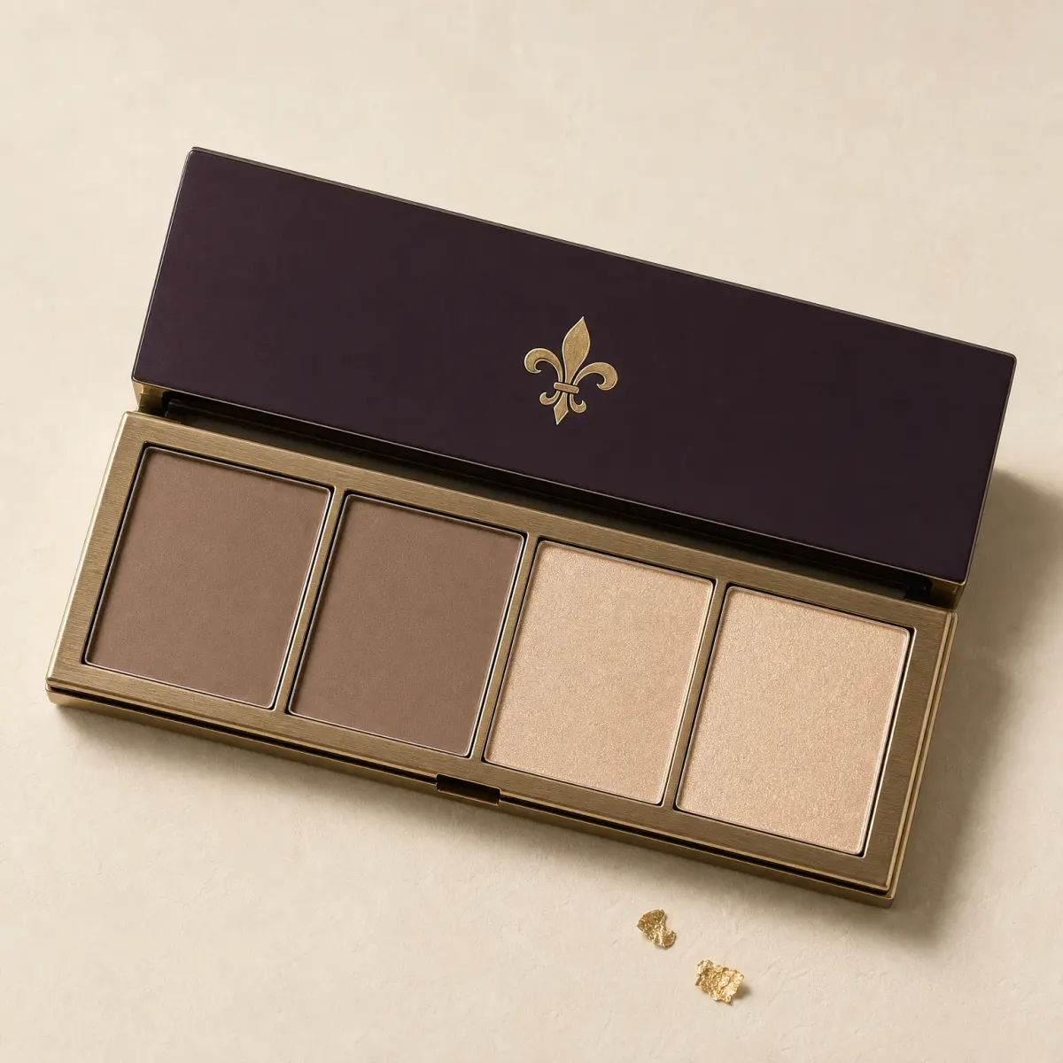 An open palette of two taupe contour shades and two champagne highlighters.