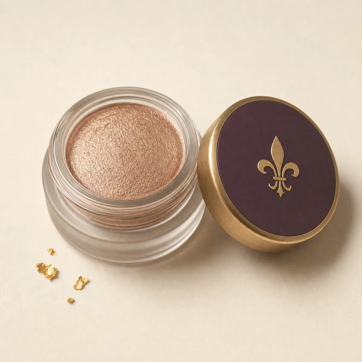 A tiny open pot of shimmering champagne-bronze cream eyeshadow.