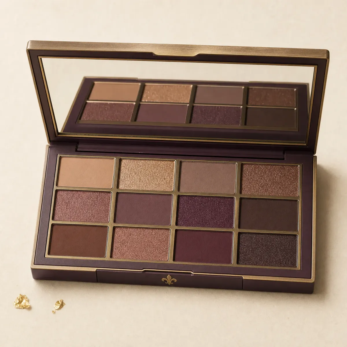 An open twelve-pan palette of neutral and berry eyeshadows.