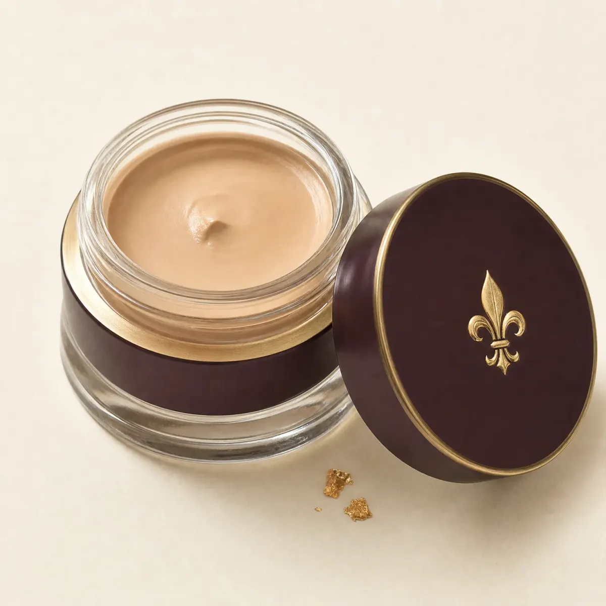 An open heavy glass jar of beige cream foundation.