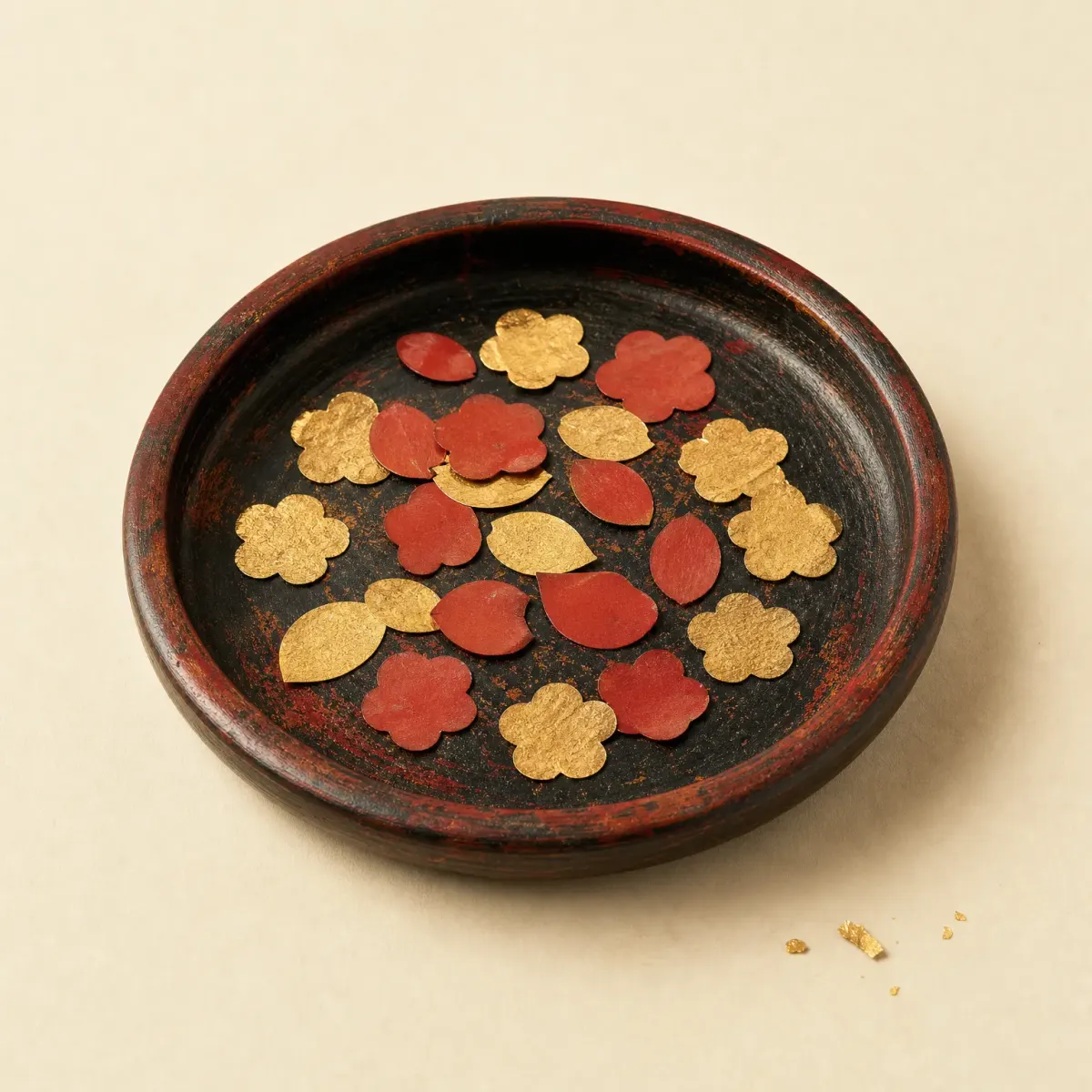 A lacquered dish of tiny gold-foil and red-paper forehead ornaments.