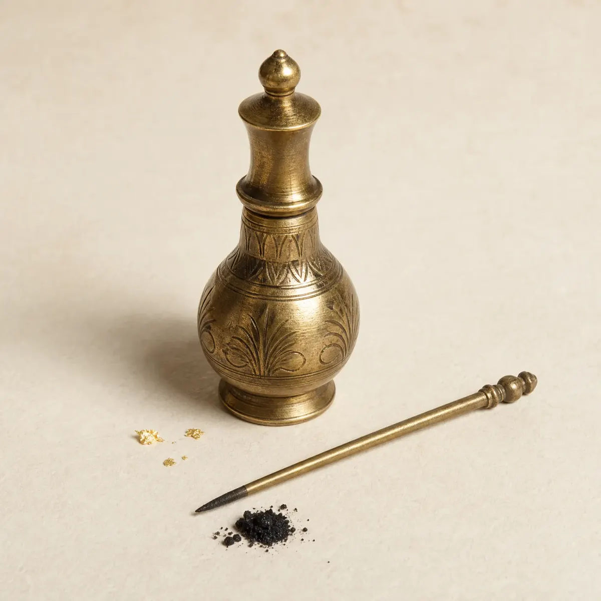 A small engraved brass kohl vessel with its slim applicator rod laid beside it.