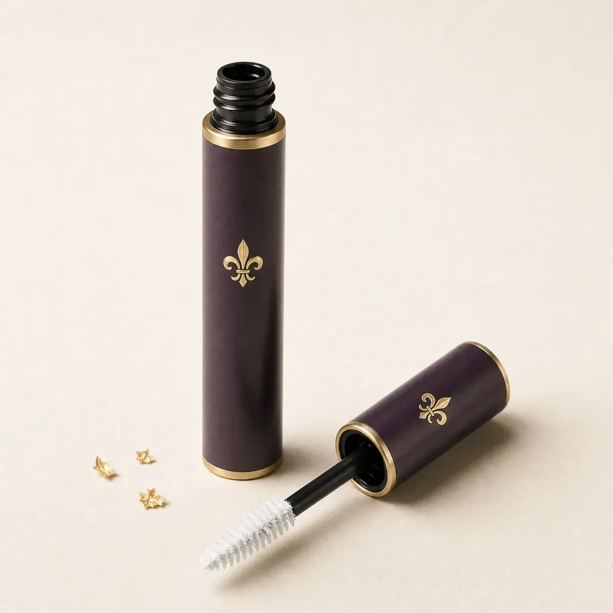 A mascara-style tube with its brush coated in white lash primer.