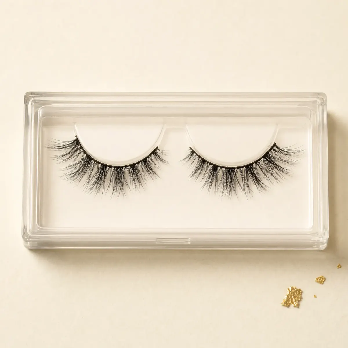 A clear tray holding a pair of wispy black strip lashes.
