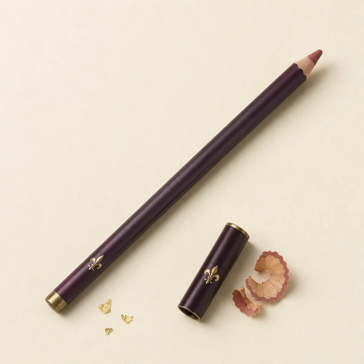 A sharpened rosy nude lip pencil with a few shavings.