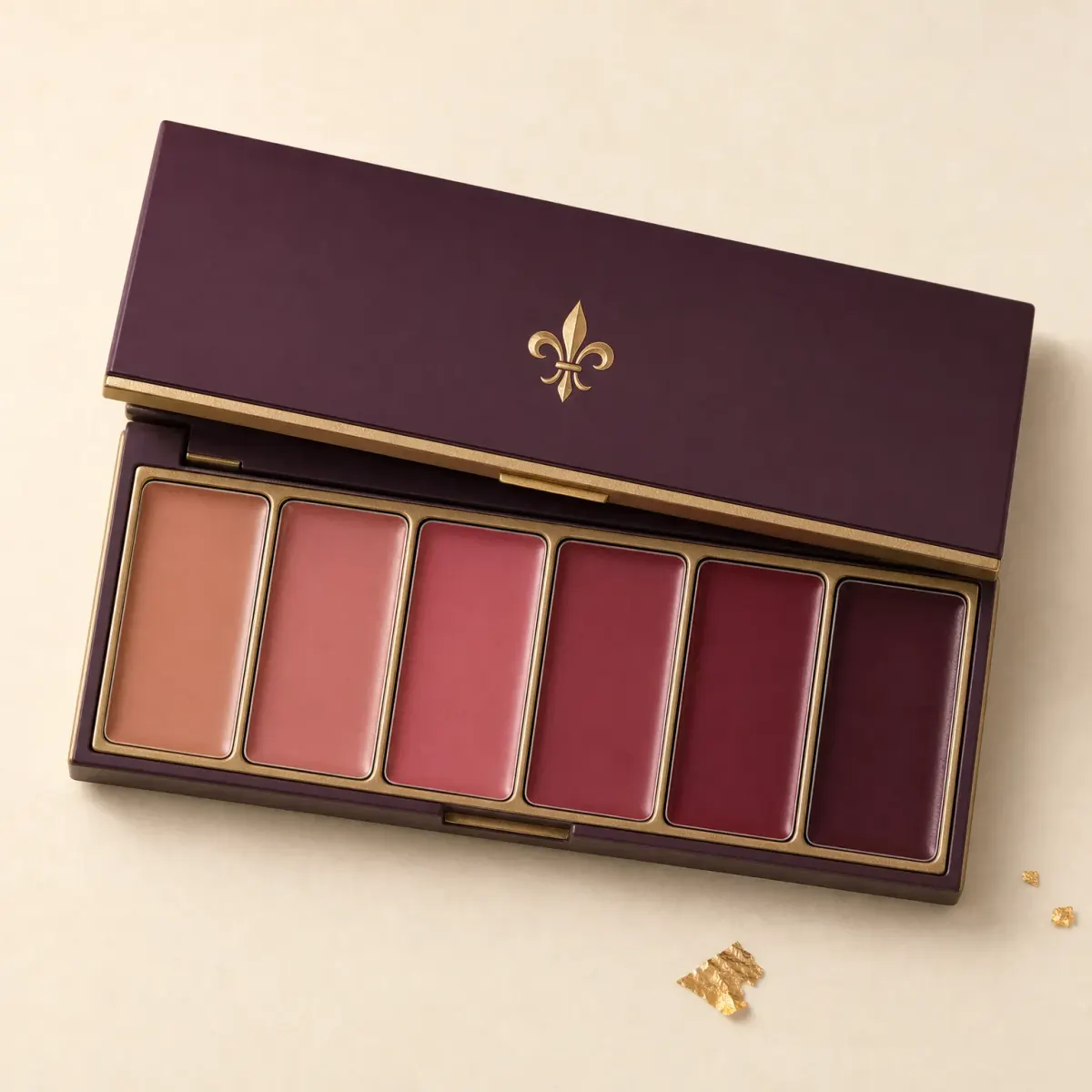 An open palette of six cream lip colours from nude to berry.